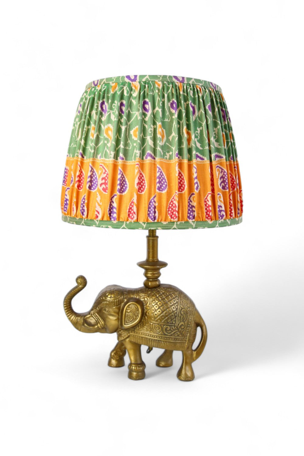PLEATED TAPERED LAMPSHADE VINTAGE SILK SARI GREEN/ORANGE MULTI