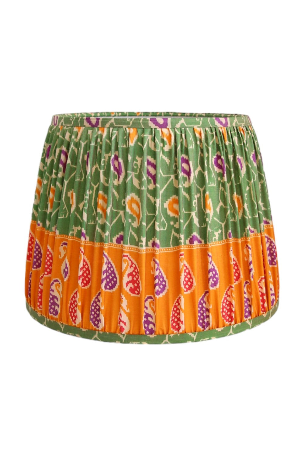 PLEATED TAPERED LAMPSHADE VINTAGE SILK SARI GREEN/ORANGE MULTI