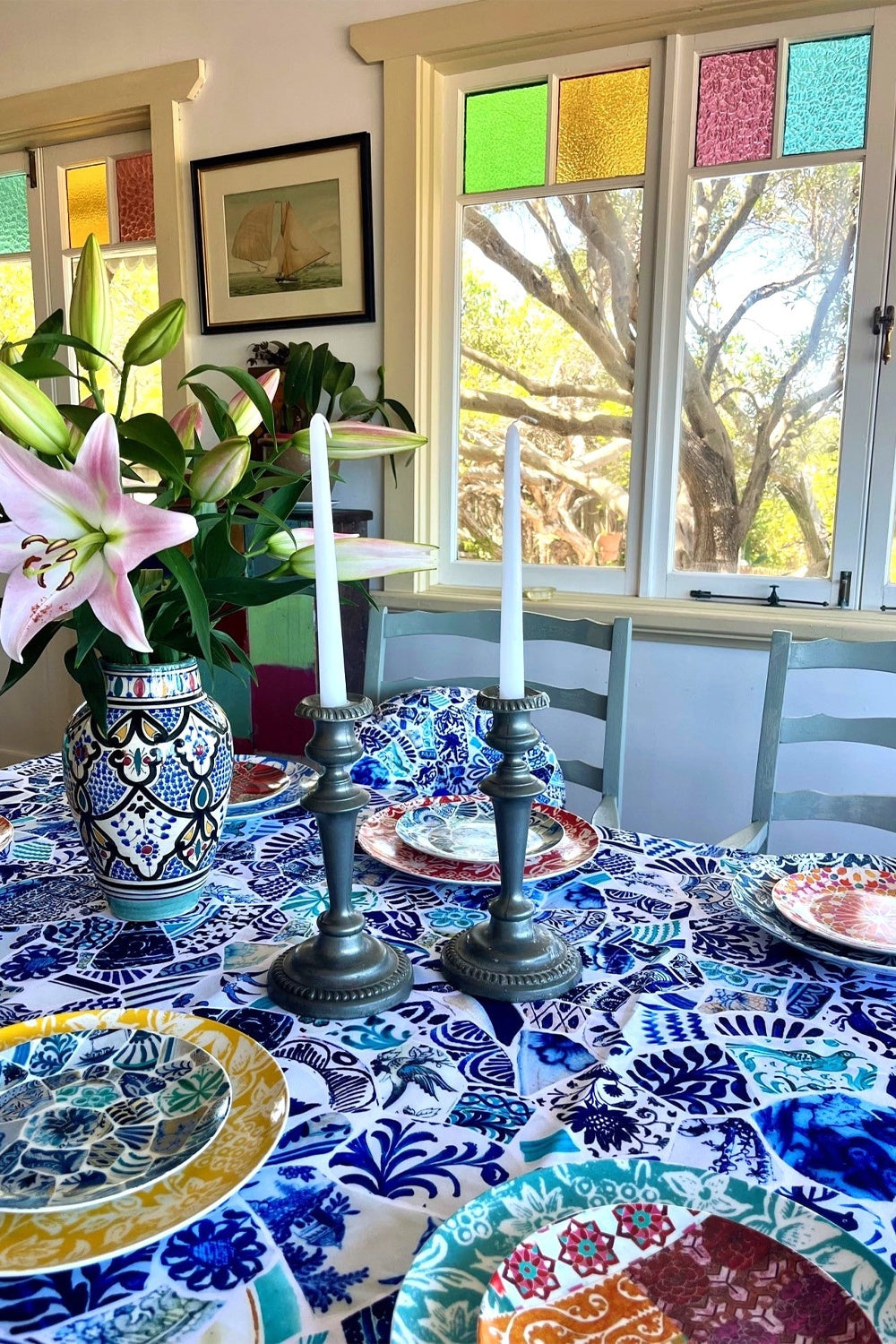 ANNA CHANDLER CANVAS TABLECLOTH BLUE MOSAIC