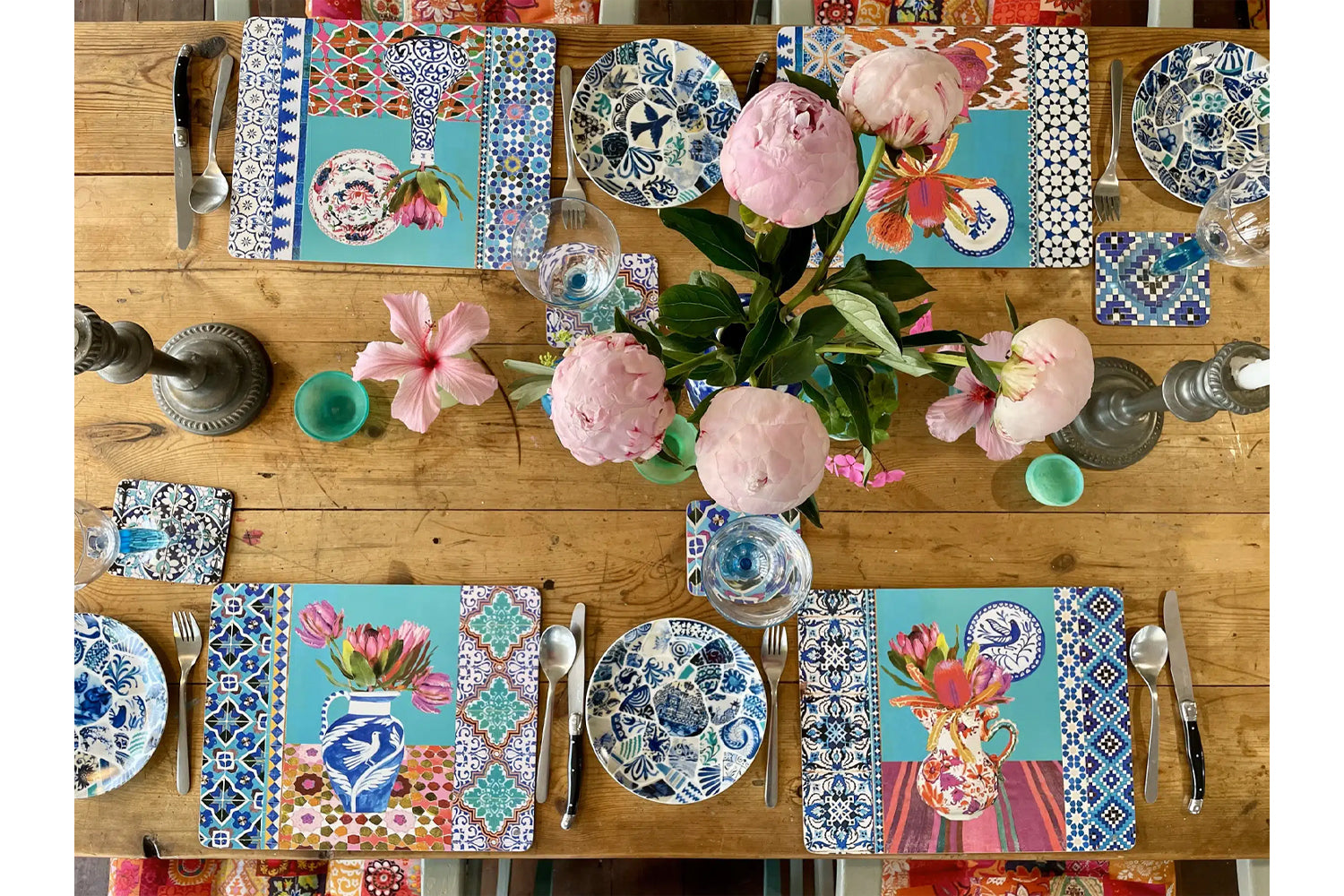 Anna Chandler Vases on Turquoise Placemat set of 4