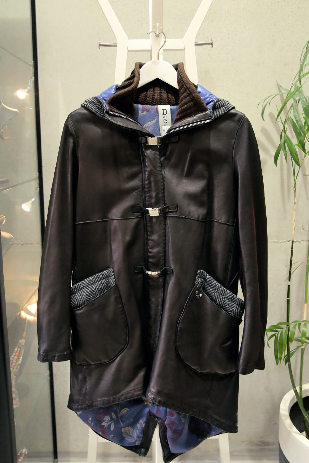 Delan Long Line Leather Jacket with Wool Herringbone & Hood