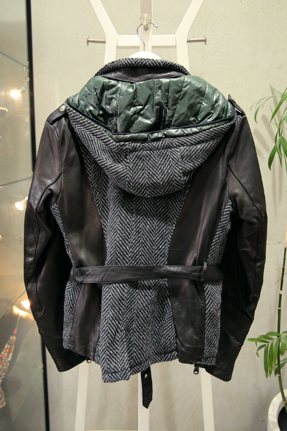 Delan Leather Jacket with Wool Herringbone & Hood