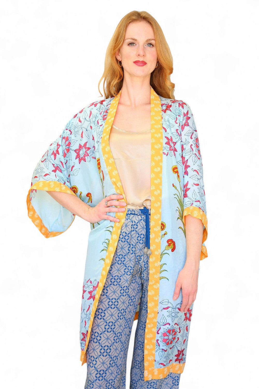 Anupamaa Silk Long Kimono Sky