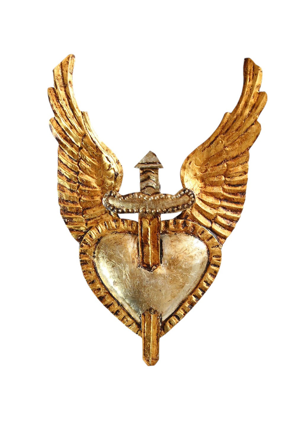 Mexican Folk Art Tin Antique Heart with Sword & Wings