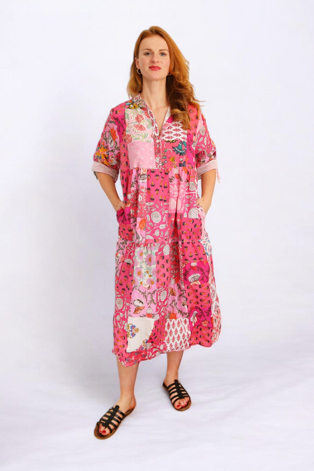 HI HAND MADE PATCHWORK PINK SHELL DRESS - S