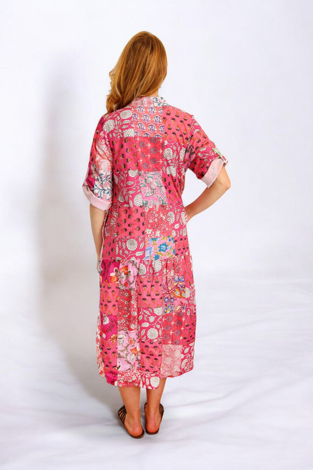 HI HAND MADE PATCHWORK PINK SHELL DRESS - S