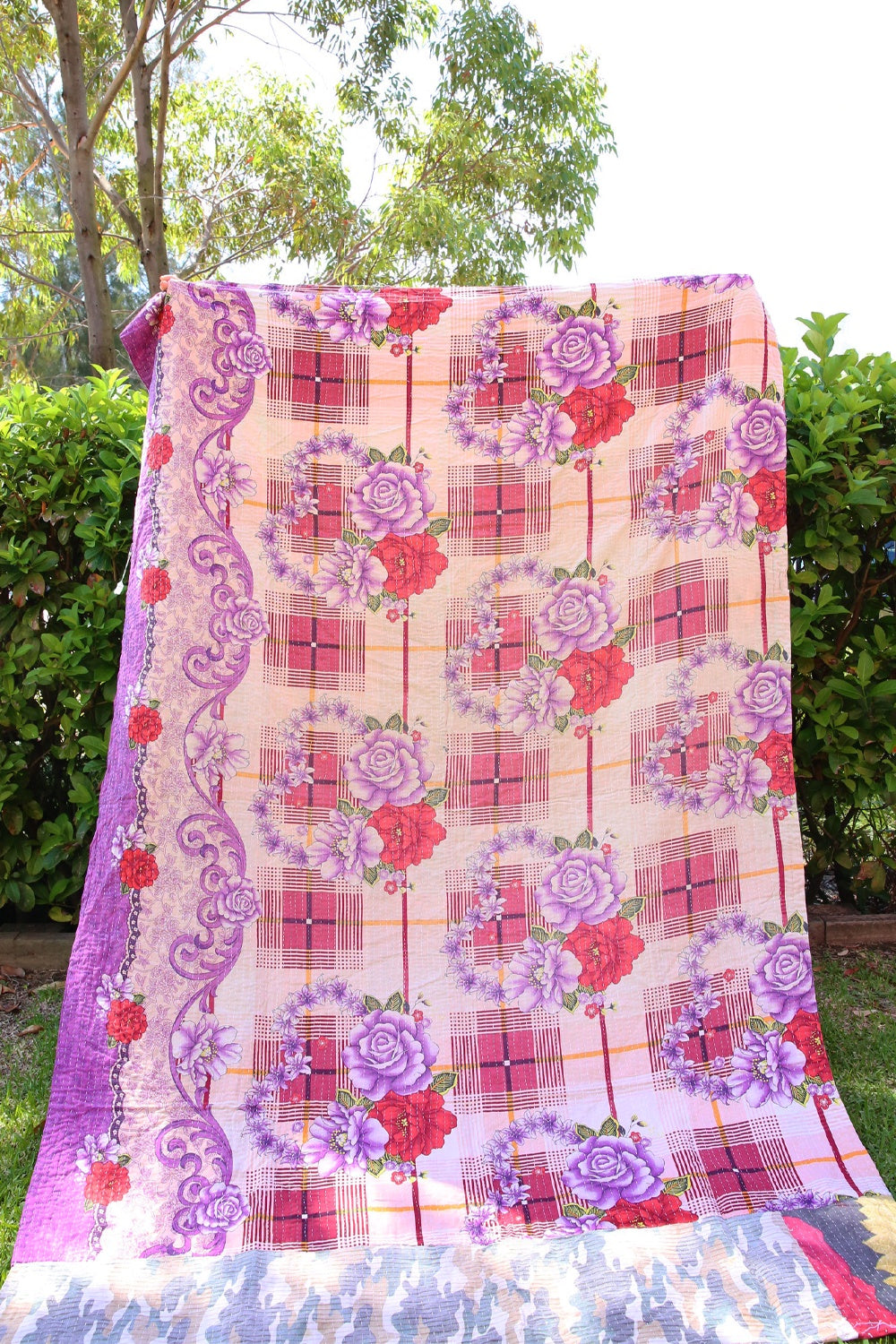Kantha Quilt Red Check with Purple Flowers
