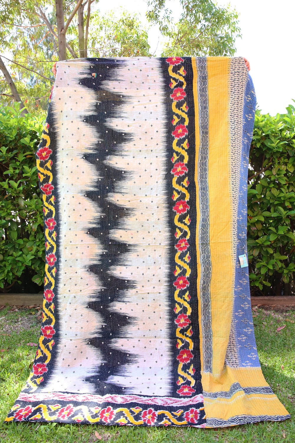 Kantha Quilt Black, Cream, Yellow and Red