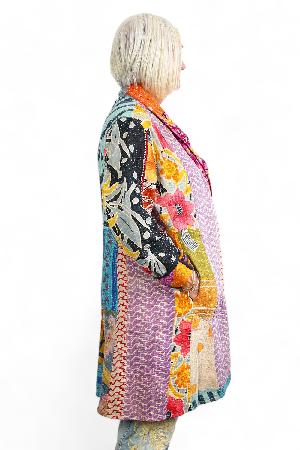 KANTHA COAT REVERSIBLE PATCHWORK GREEN DIAMOND