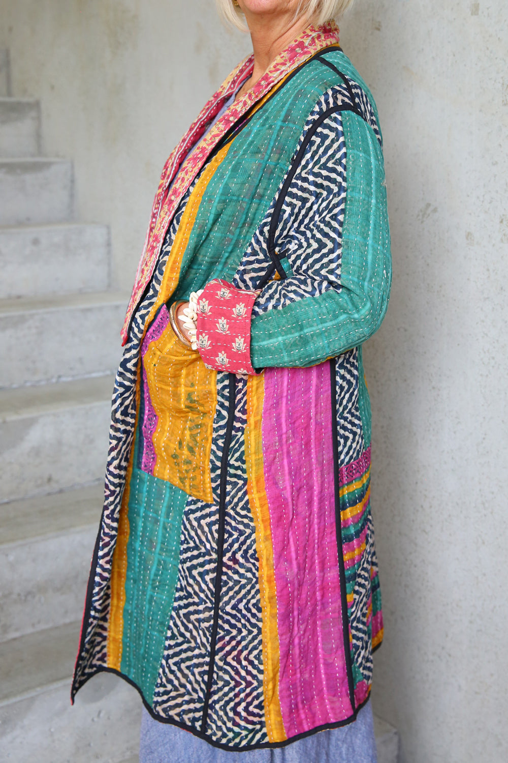 Kantha Coat Turquoise Stripe