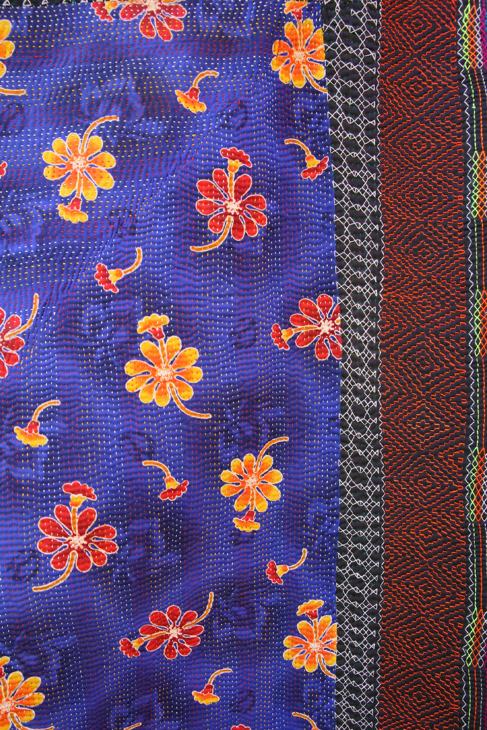 Kantha Quilt Blue with Orange Flowers
