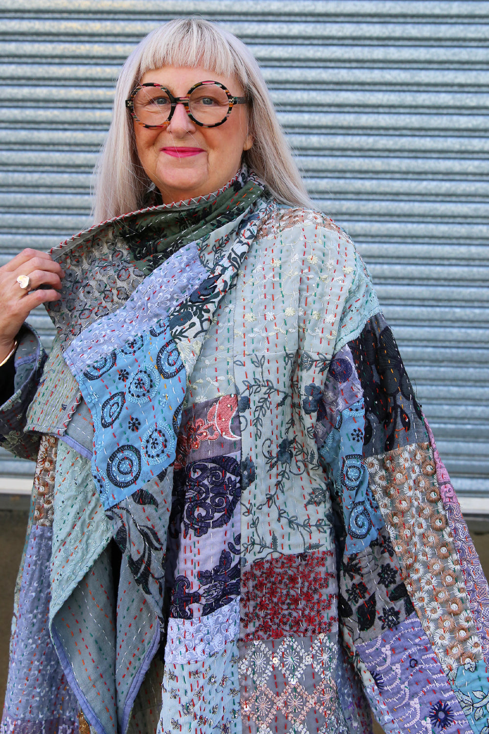 MAHARANI KANTHA COAT PATCHWORK LIGHT GREY