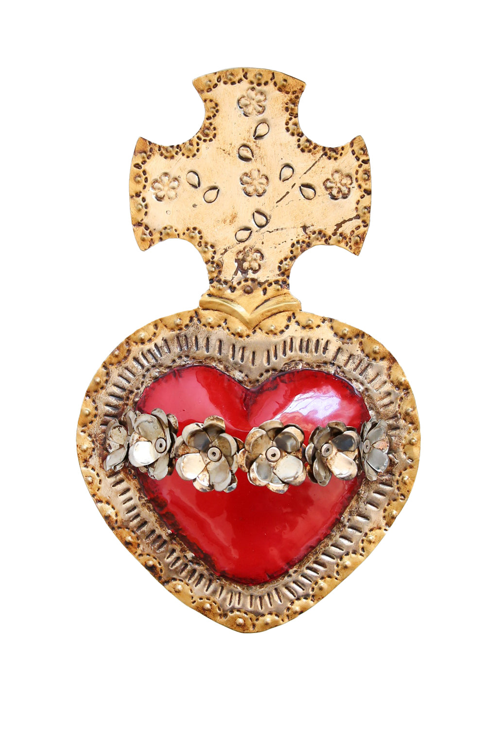 Mexican Folk Art Tin Heart W /Gold Flowers
