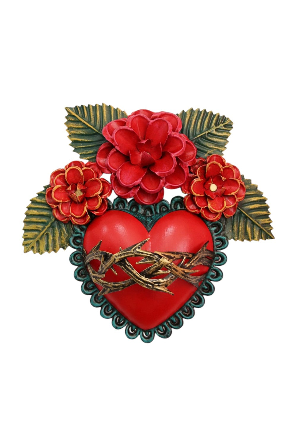 Mexican Folk Art Tin Heart W/Flowers & Thorns