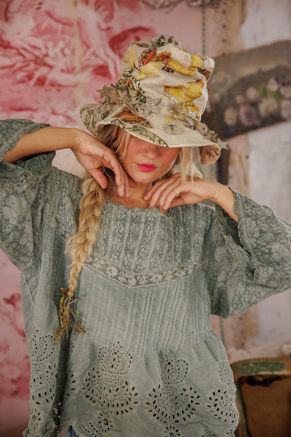**Pre-Order** Magnolia Pearl Crochet Jodi Blouse Top 2320 Seafoam Gray