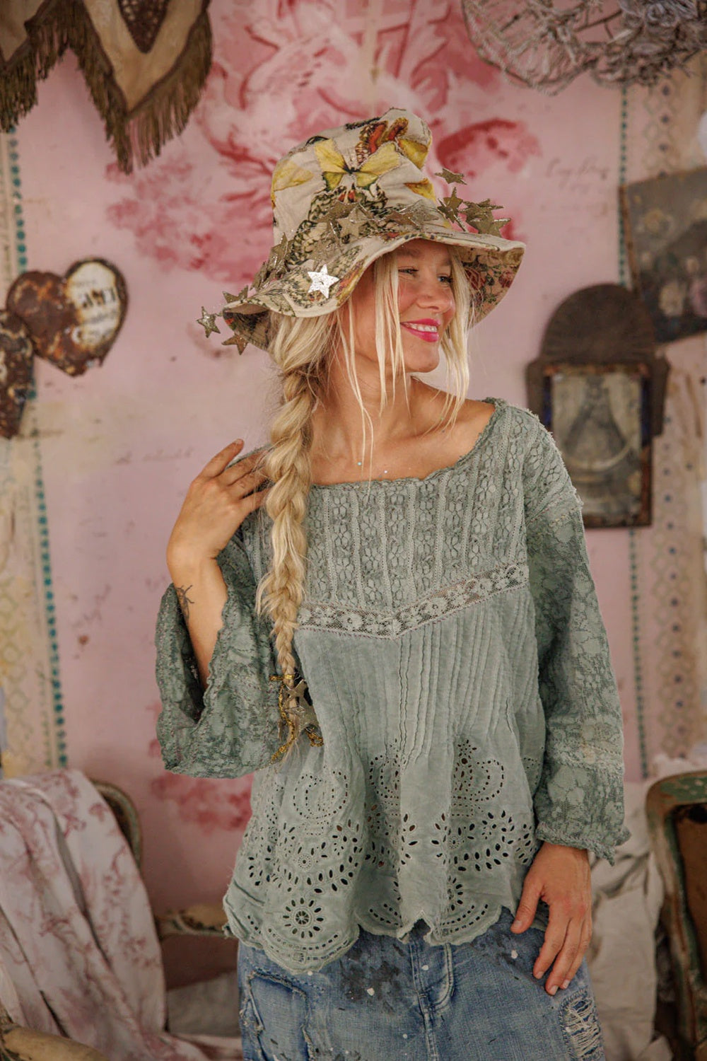 **Pre-Order** Magnolia Pearl Crochet Jodi Blouse Top 2320 Seafoam Gray