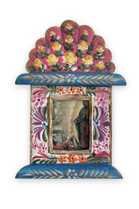 MEXICAN TIN HAND PAINTED FLORAL FRAME VIRGIN MARY