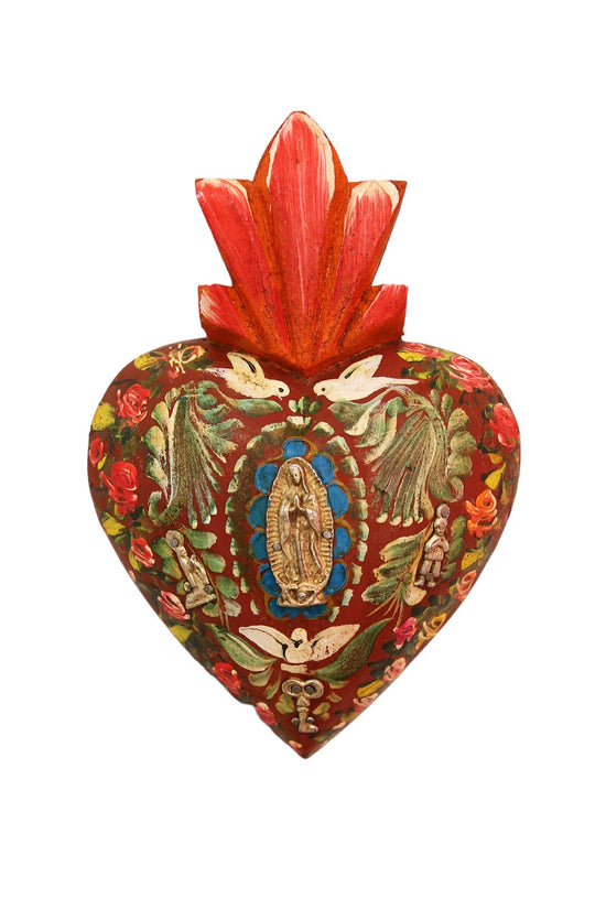 MEXICAN WOODEN SACRED HEART W/ VIRGIN MARY MILAGRO