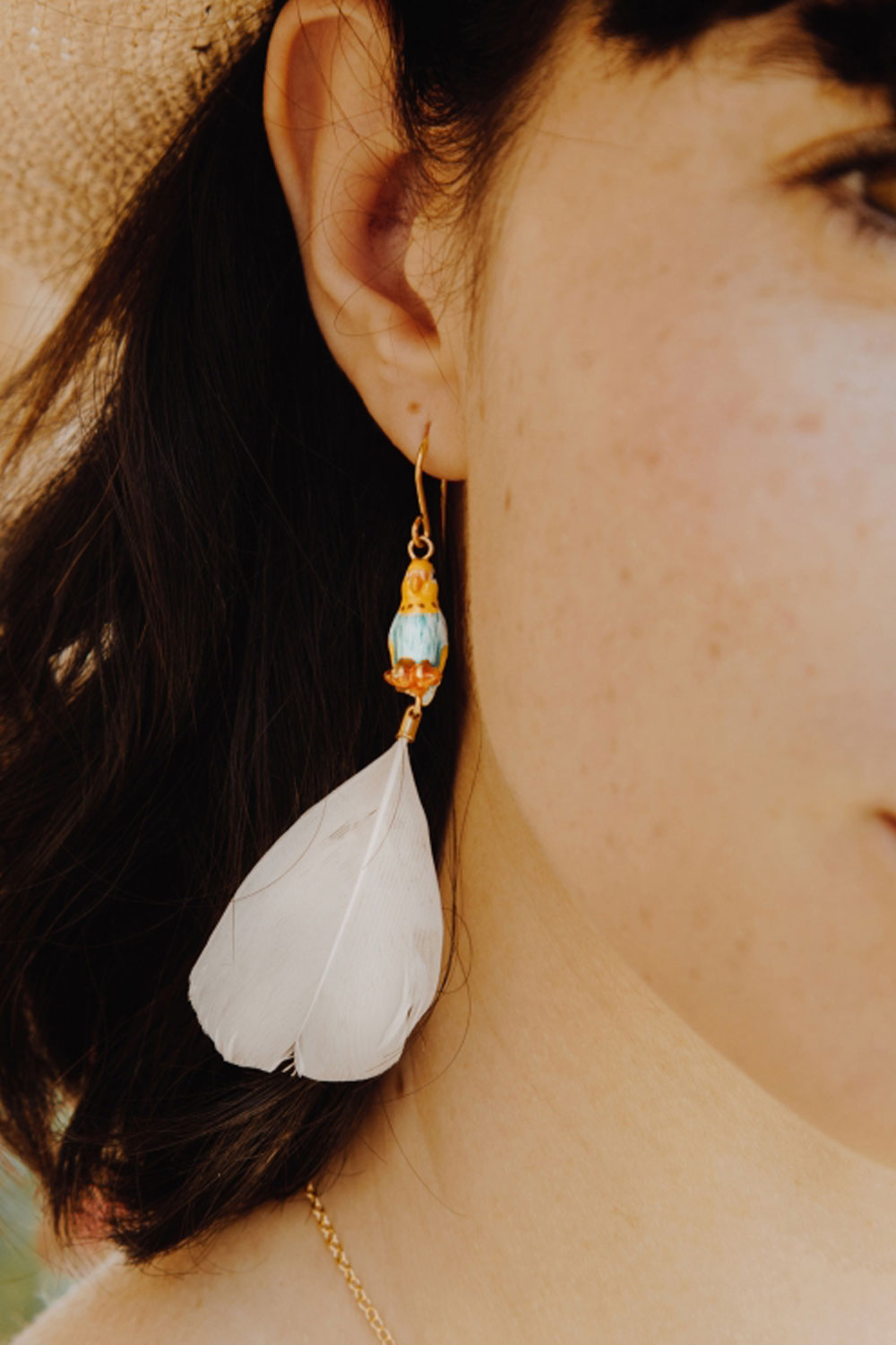 NACH BLUE BUDGIE ON BRANCH FEATHER EARRINGS