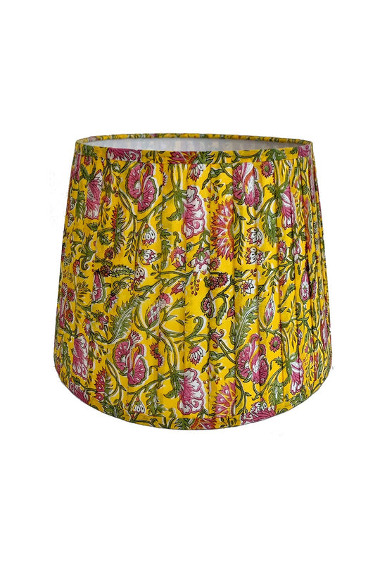 RUBY STAR TRADERS PLEATED TAPERED LAMPSHADE FLORAL BLOCK PRINT YELLOW/MULTI COTTON