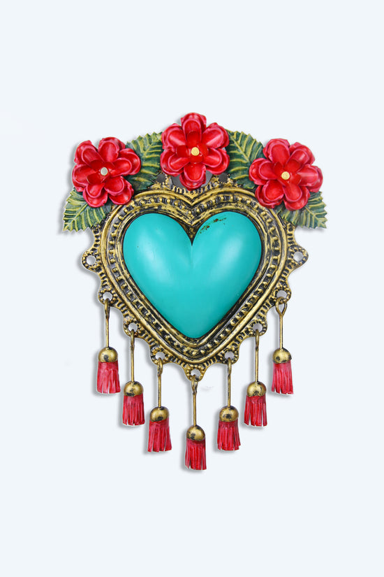 MEXICAN TURQUOISE TIN HEART TASSELS/FLOWERS