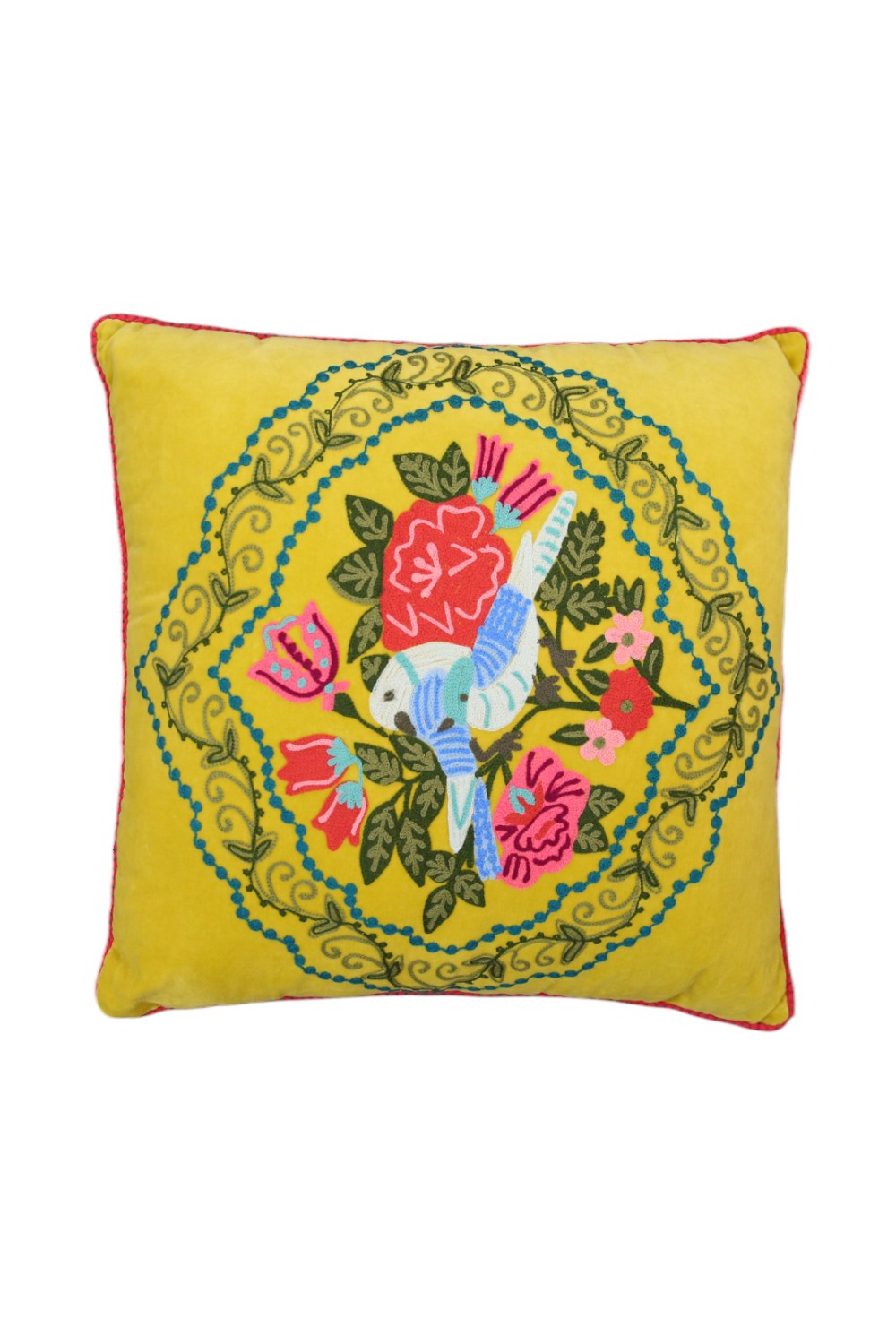 RUBY STAR TRADERS CUSHION LOVEBIRD CHARTREUSE VELVET MULTI