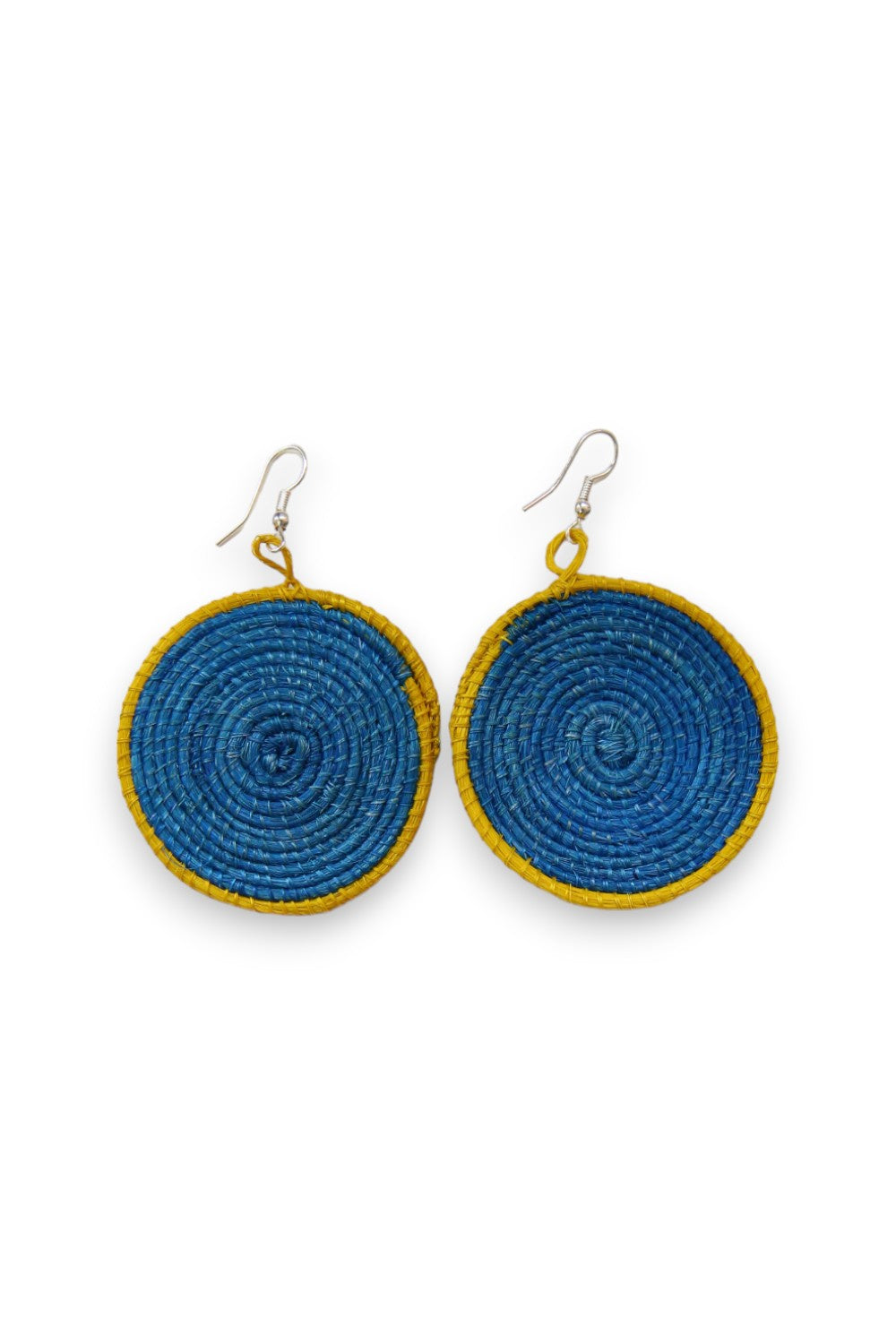 AFRI BEADS WOVEN DISC EARRING  BLUE WITH YELLOW RING