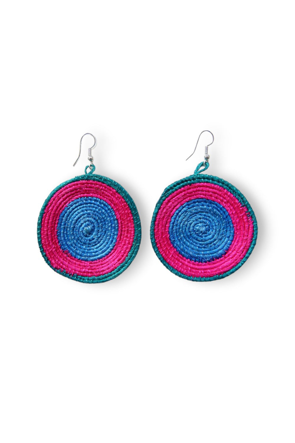 AFRI BEADS WOVEN DISC EARRING BLUE, PINK AND TEAL