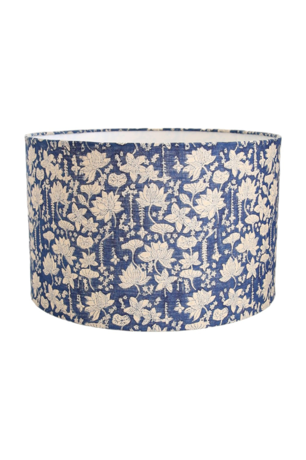 RUBY STAR TRADERS DRUM LAMPSHADE LOTUS BLOCK PRINT BLUE LINEN