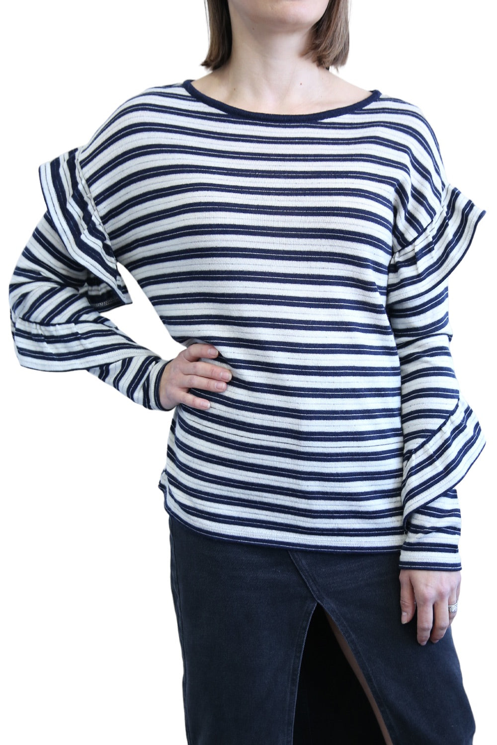 SABATINI STRIPE MERINO FRILL SLEEVE TOP