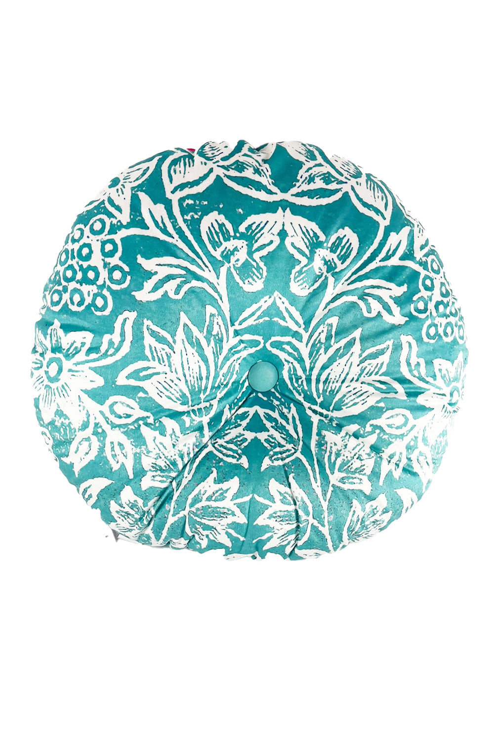 ANNA CHANDLER VELVET ROUND CUSHION TURQUOISE BIRDS Moore Design