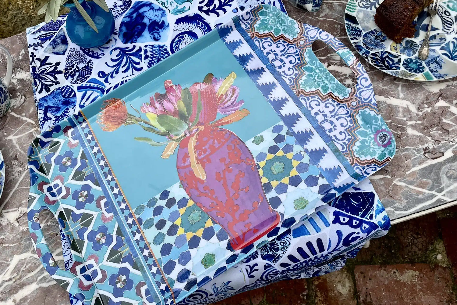 Anna Chandler Melamine Tray Vases on Turquoise
