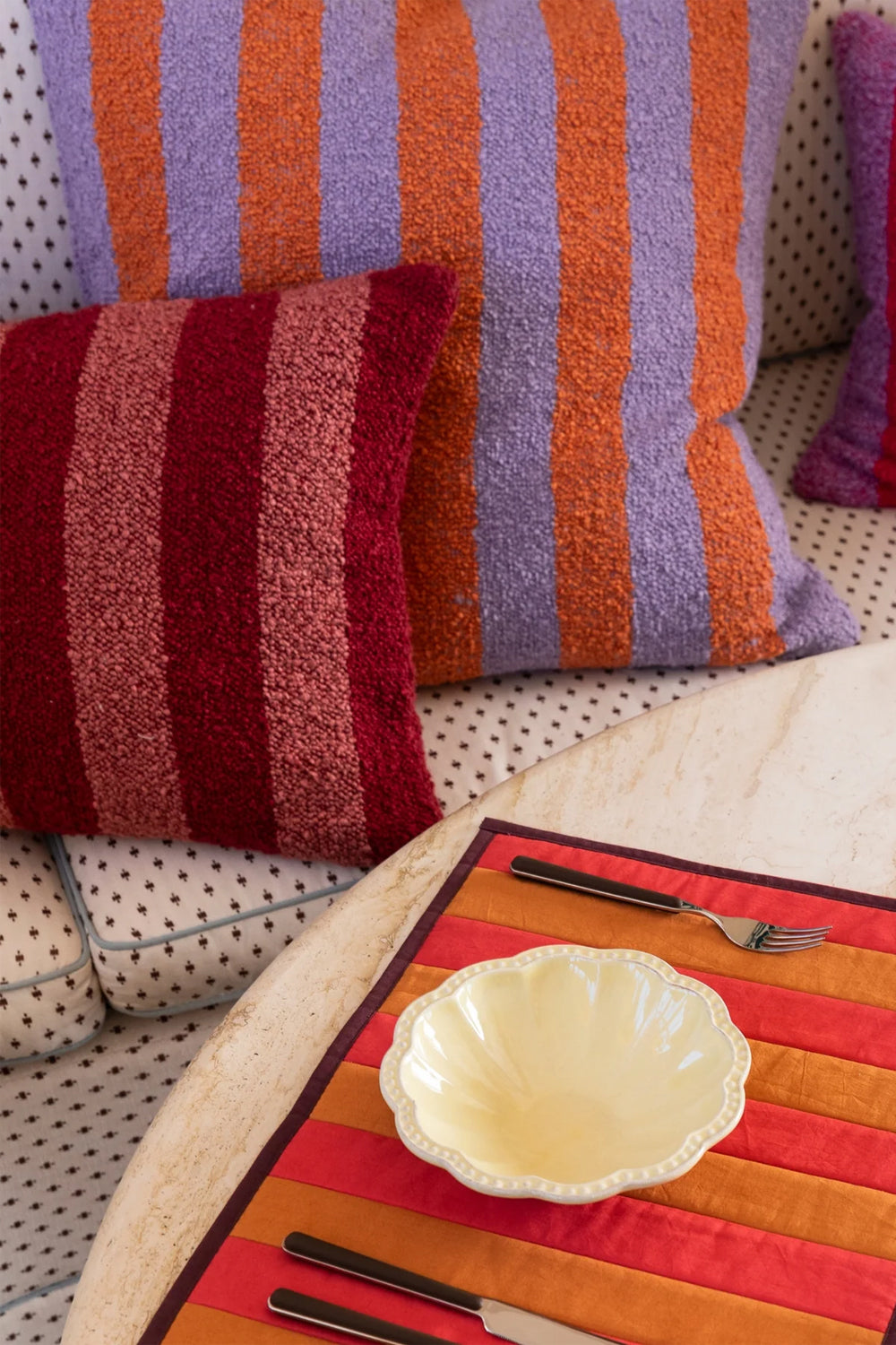 BONNIE AND NEIL BOUCLE STRIPE ORANGE LILAC CUSHION 60CM