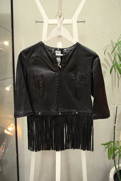 Delan Cropped Leather Jacket with Tassels