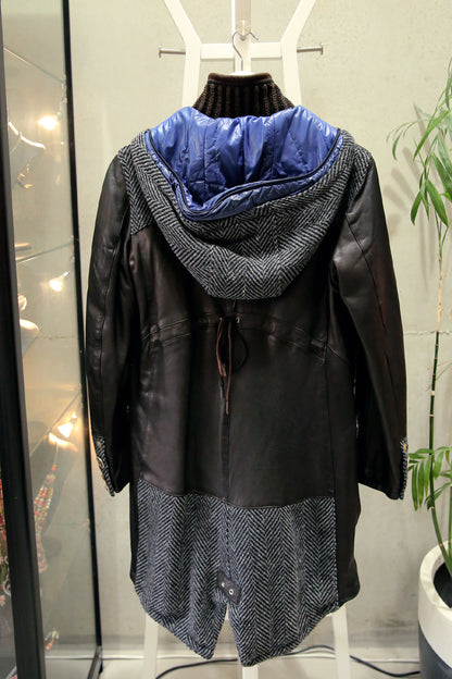 Delan Long Line Leather Jacket with Wool Herringbone &amp; Hood