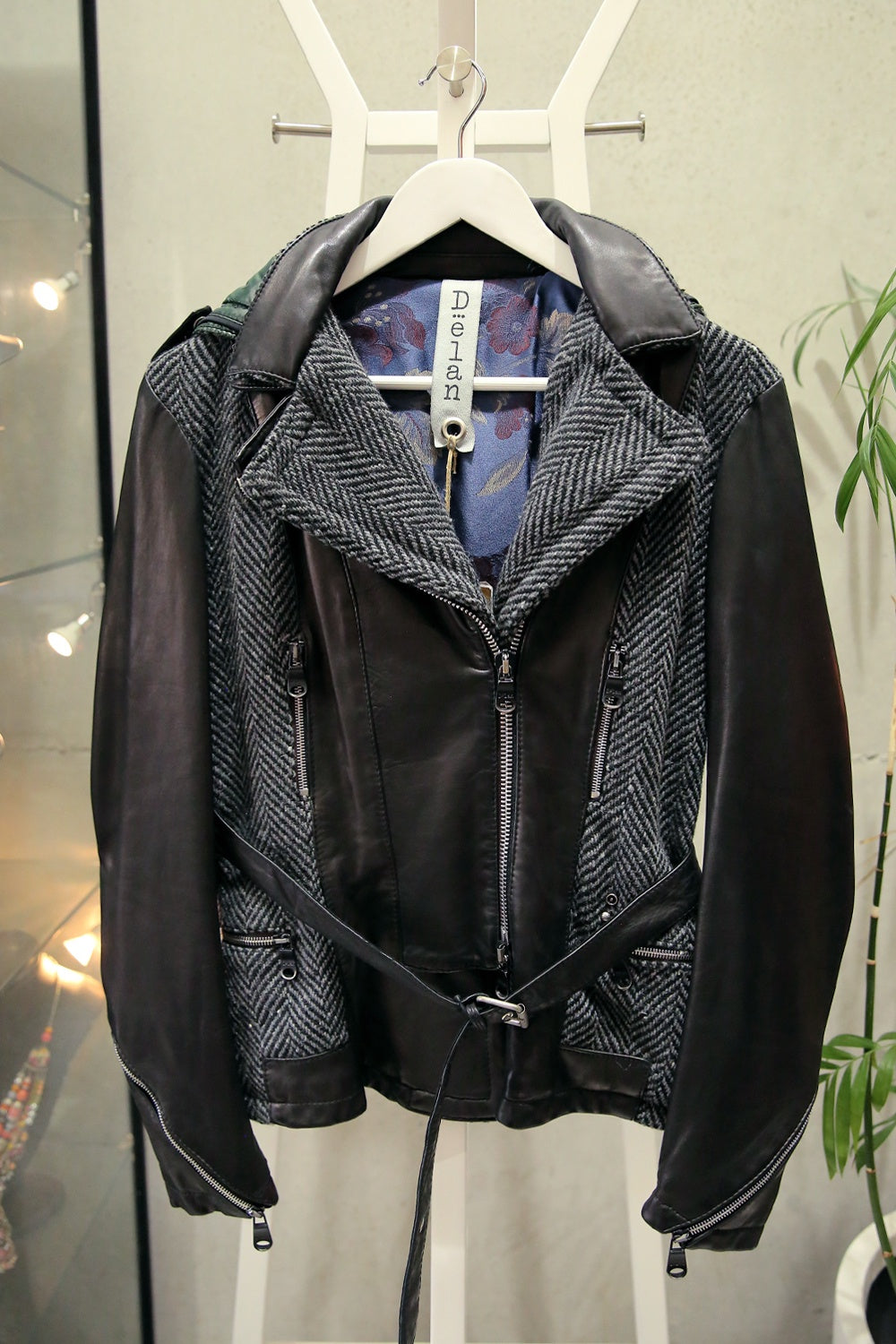 Delan Leather Jacket with Wool Herringbone &amp; Hood