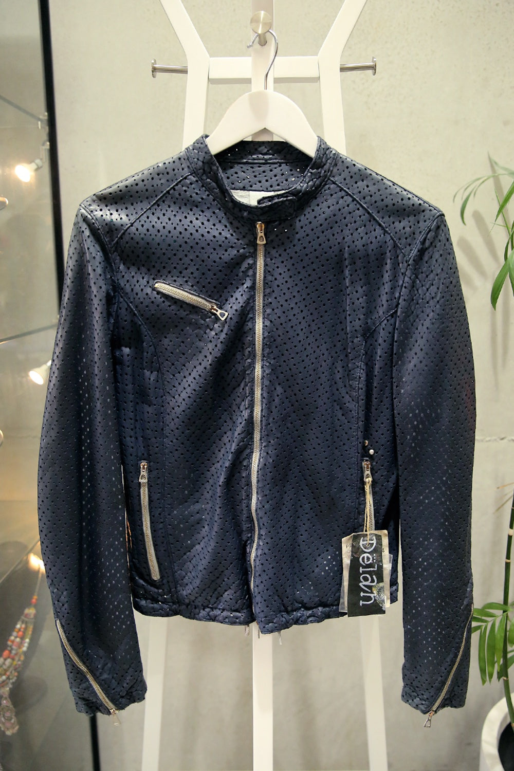 Delan Navy Perforated Leather Jacket