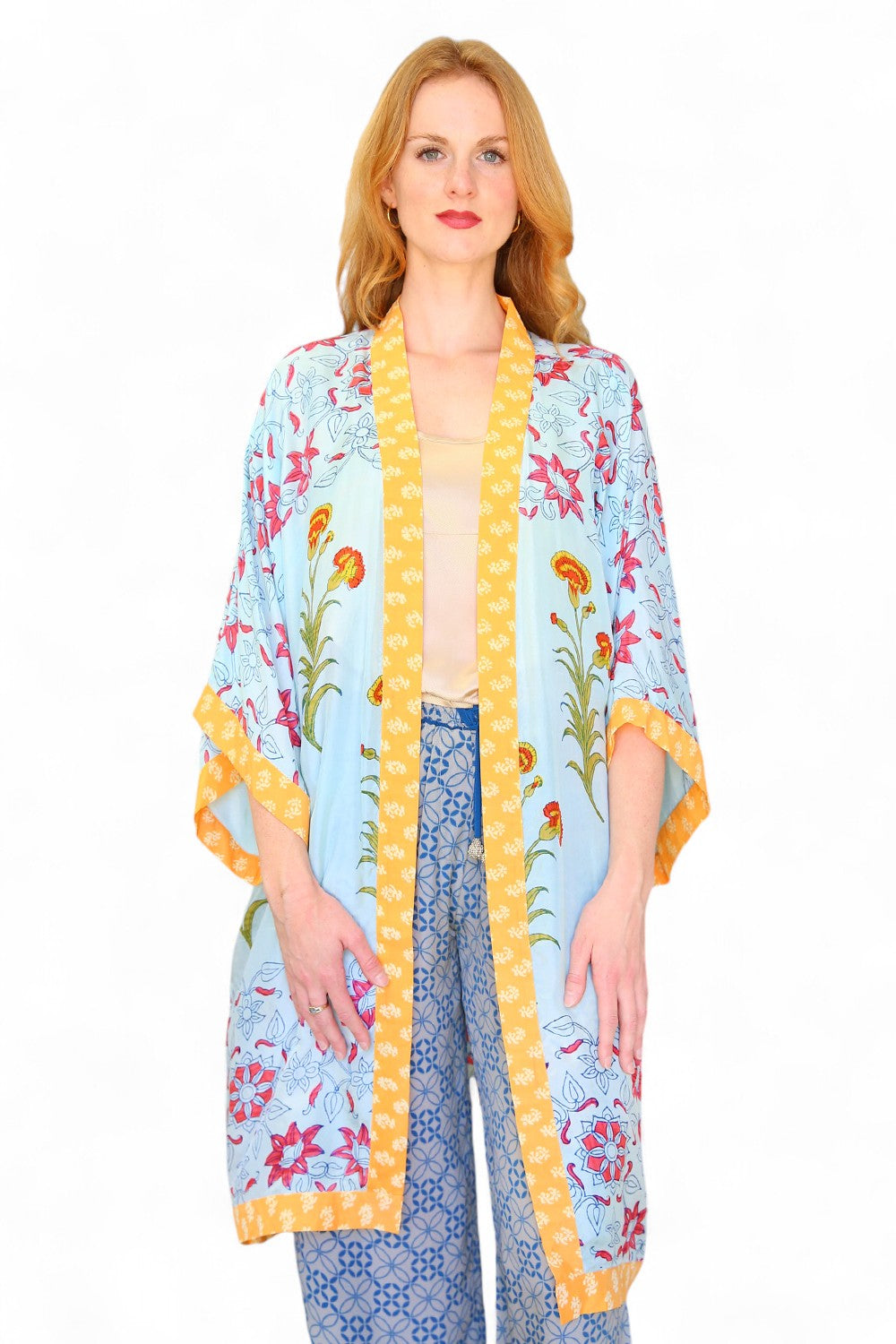 Anupamaa Silk Long Kimono Sky
