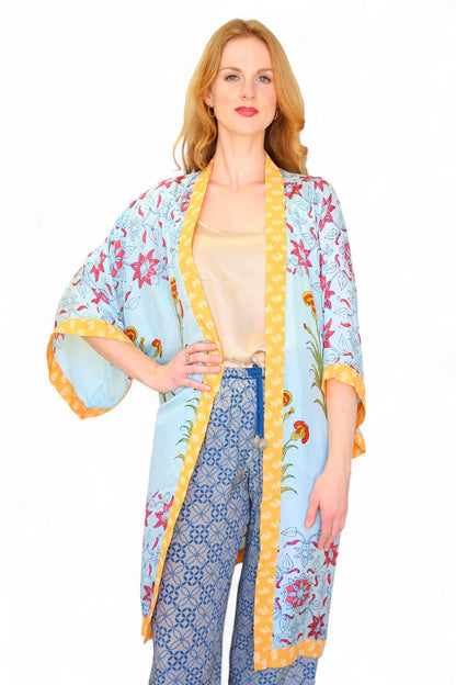 Anupamaa Silk Long Kimono Sky