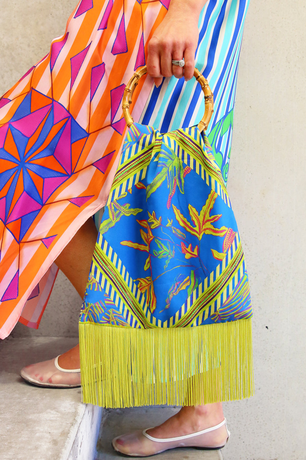 Eleni Malami Floral Silk Bag with Lime Green Tassels