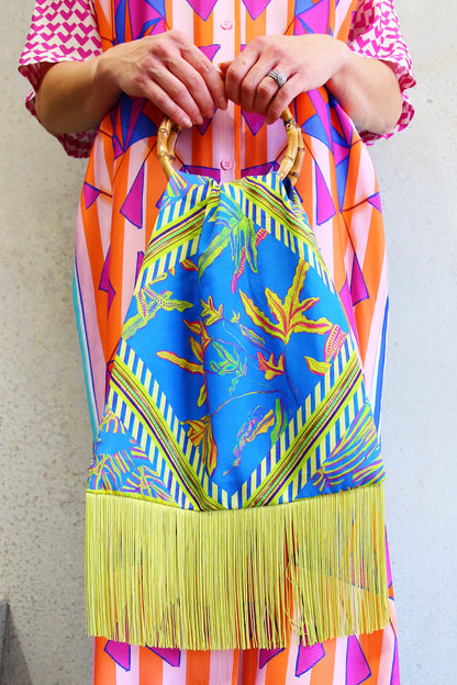 Eleni Malami Floral Silk Bag with Lime Green Tassels