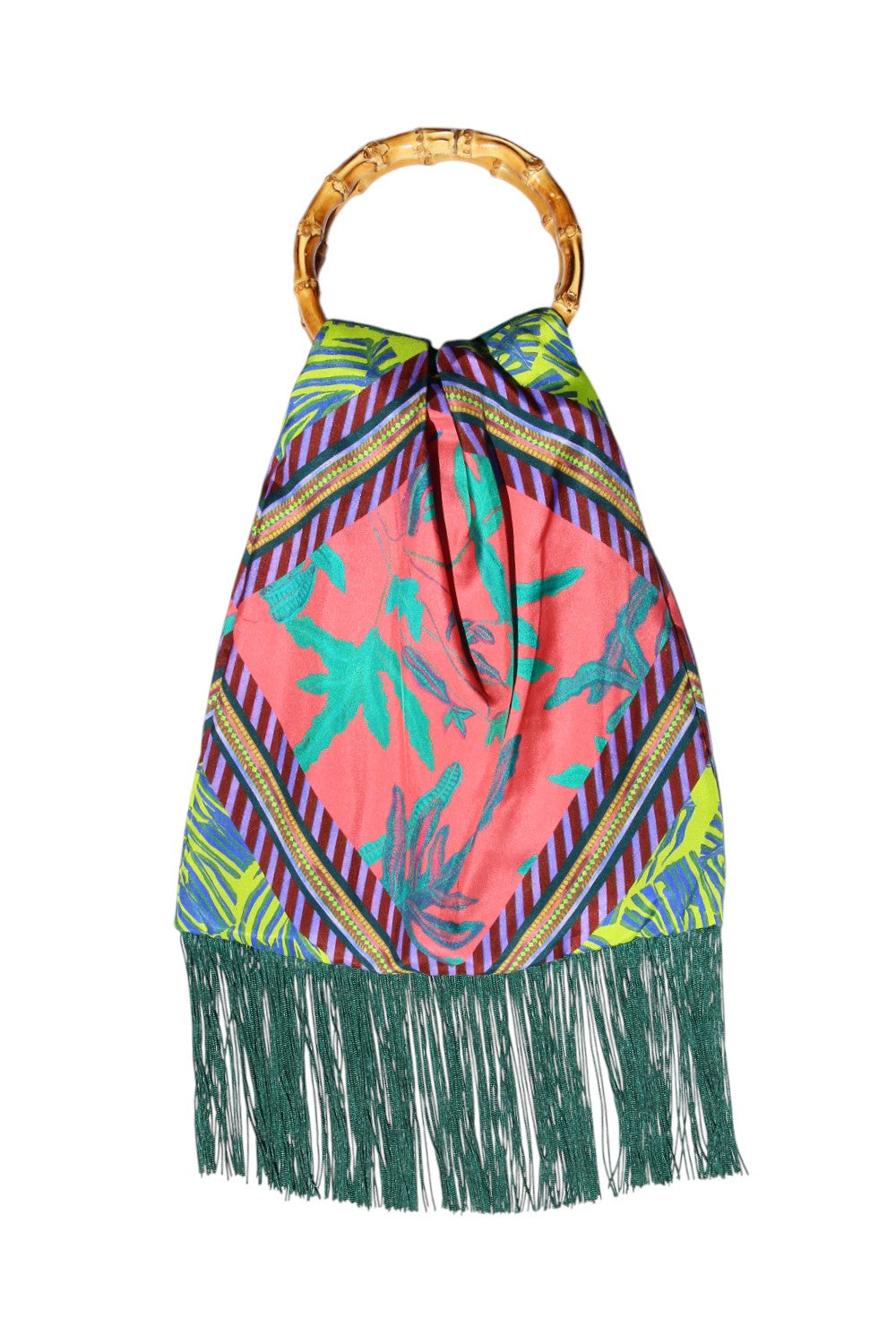 Eleni Malami Floral Silk Bag with Green Tassels