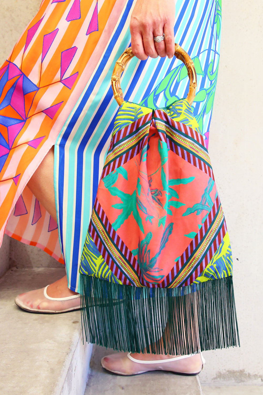 Eleni Malami Floral Silk Bag with Green Tassels