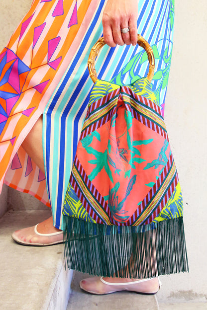 Eleni Malami Floral Silk Bag with Green Tassels