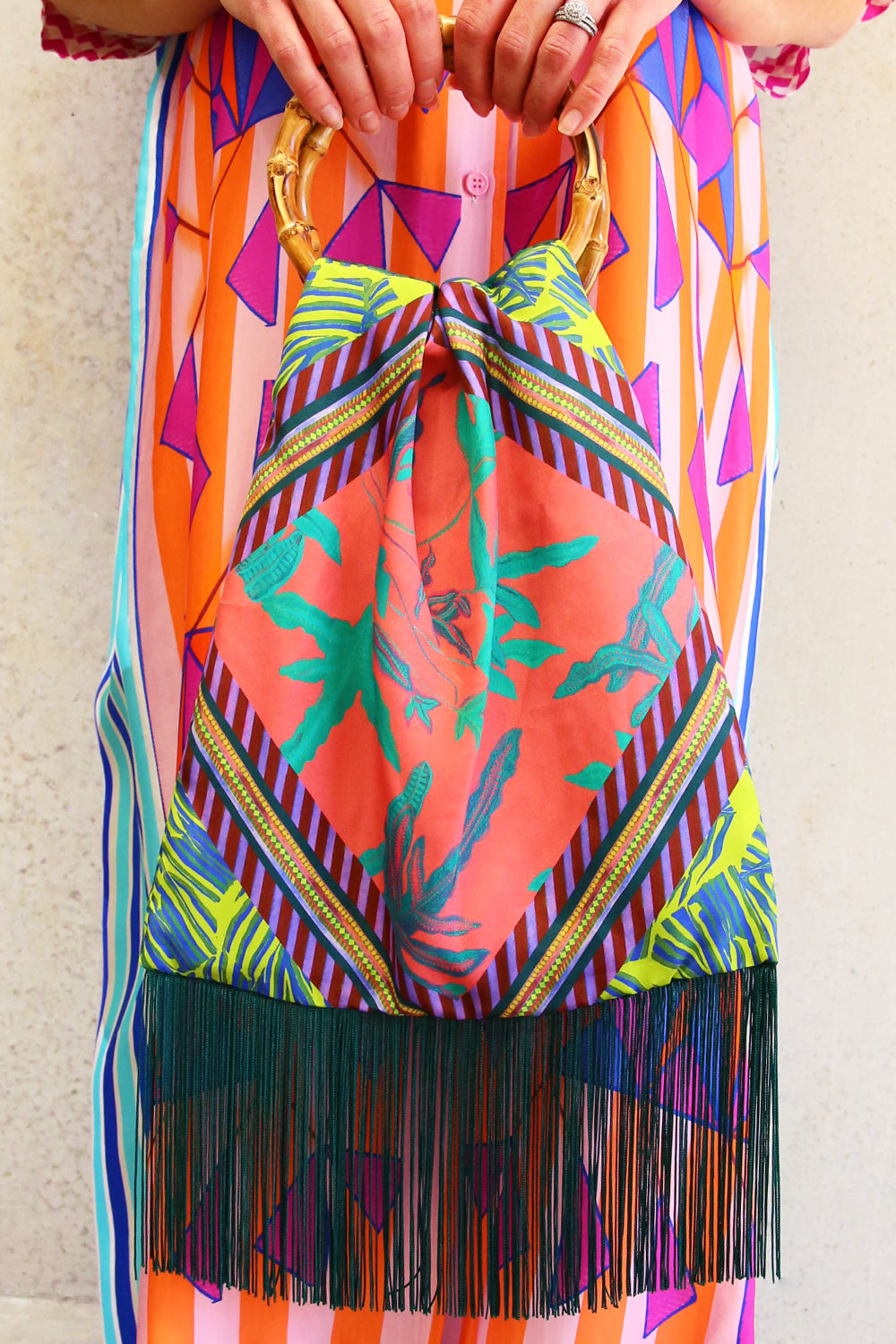 Eleni Malami Floral Silk Bag with Green Tassels
