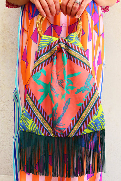 Eleni Malami Floral Silk Bag with Green Tassels