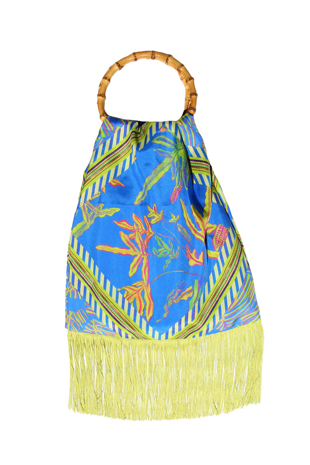 Eleni Malami Floral Silk Bag with Lime Green Tassels