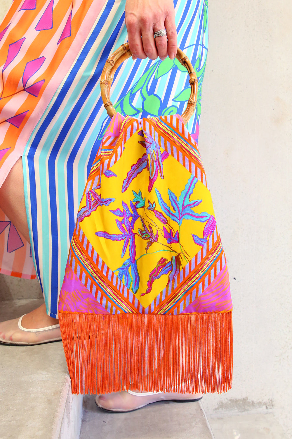 Eleni Malami Floral Silk Bag with Orange Tassels