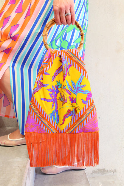 Eleni Malami Floral Silk Bag with Orange Tassels