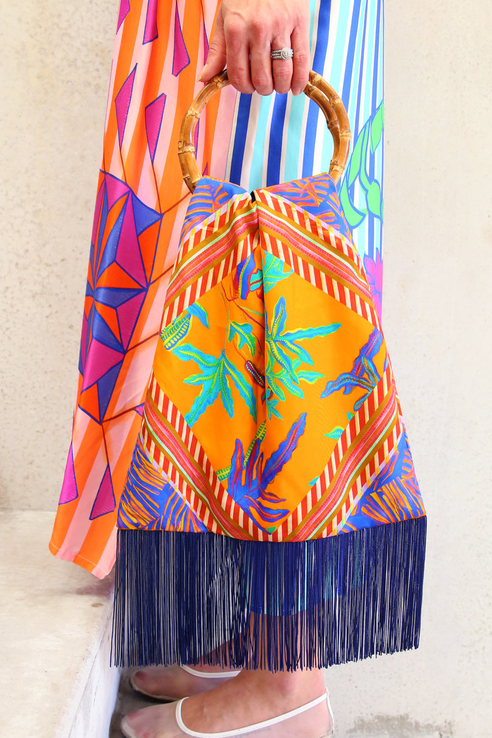Eleni Malami Floral Silk Bag with Blue Tassels